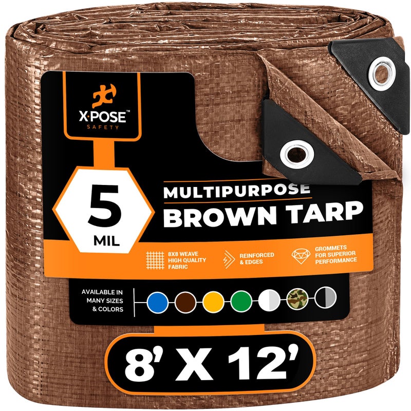 Multipurpose Protective Cover Brown Poly Tarp 8 x 12 Durable Water Resistant Weather Resistant 5 Mil Thick Polyethylene by Xpose Safety by Xpose Safety