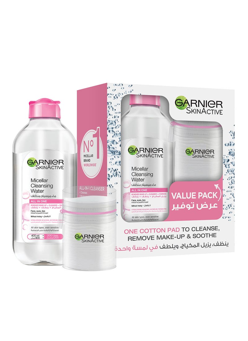 Garnier ماء منظف ميسيلار سكين أكتيف كلاسيكي 400 مل + وسادات قطنية 