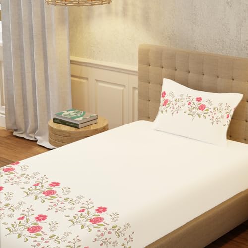 Urban Space Serene 100% Cotton Bedsheet for Single Bed, 200 TC Floral Single Bedsheet with 1 Pillow Cover (58 X 90 Inches, Poppy Bloom) - Image 1