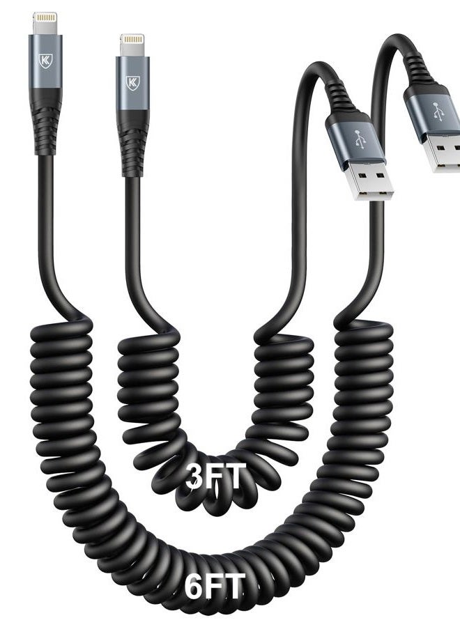 KIYODA iPhone Charger Cable for Car [3FT+6FT], Coiled Lightning Cable [Apple MFi Certified] 2 Pack Lightning Cord Compatible with iPhone14 13/12/11 Pro Max/XS MAX/XR/XS/X/8/7/Plus/6S iPad/iPod-Black - Image 1