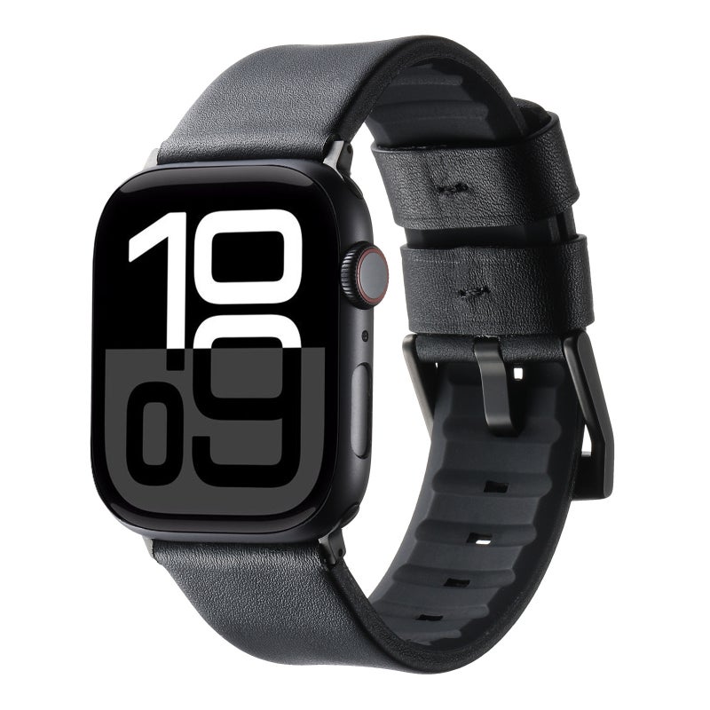 erorex For Apple Watch Series 10 46Mm Genuine Leather Hybrid Silicone Watch Band(Black Black Buckle) - Image 1