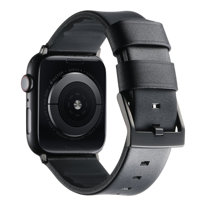 erorex For Apple Watch Series 10 46Mm Genuine Leather Hybrid Silicone Watch Band(Black Black Buckle) - Image 2