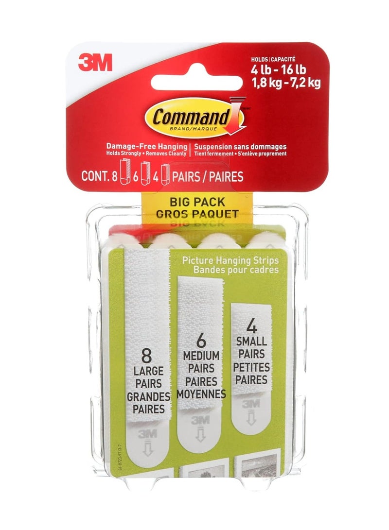 3M Command Picture Hanging Strips Big Pack, Removable, (4) Small, (6) Medium, (8) Large, White, 18 Pairs/Pack - Image 3