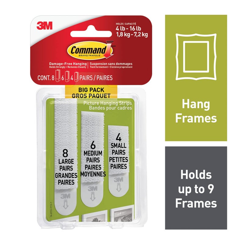 Command 3M Command Picture Hanging Strips Big Pack, Removable, (4) Small, (6) Medium, (8) Large, White, 18 Pairs/Pack - Image 2