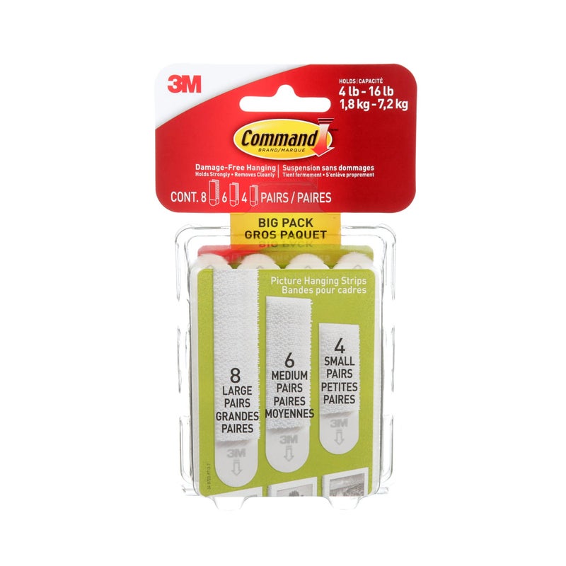 Command 3M Command Picture Hanging Strips Big Pack, Removable, (4) Small, (6) Medium, (8) Large, White, 18 Pairs/Pack - Image 1