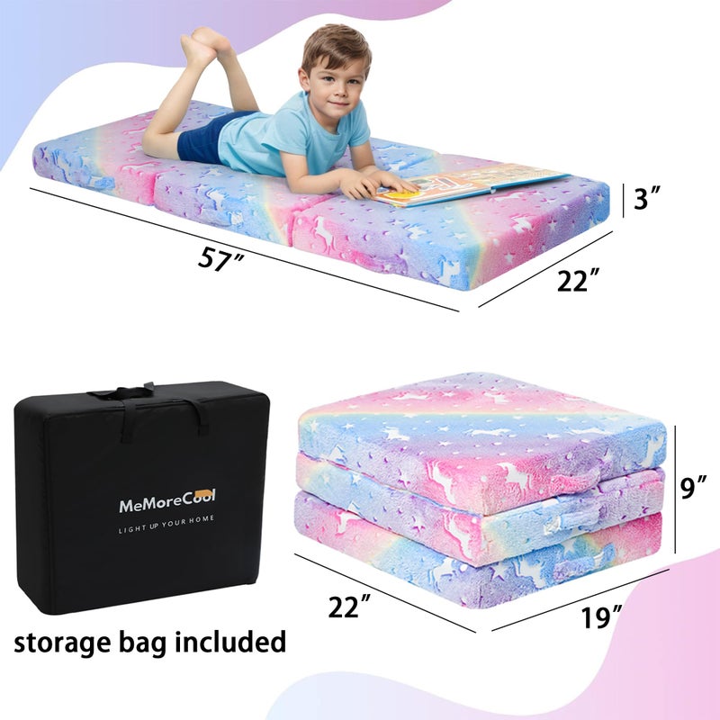 MeMoreCool Foldable Floor Cushion for Kids, Glow Star Trifold Play Mat, Portable Floor Lounger Seat Pad, 57x22 Inch Colorful - Image 4