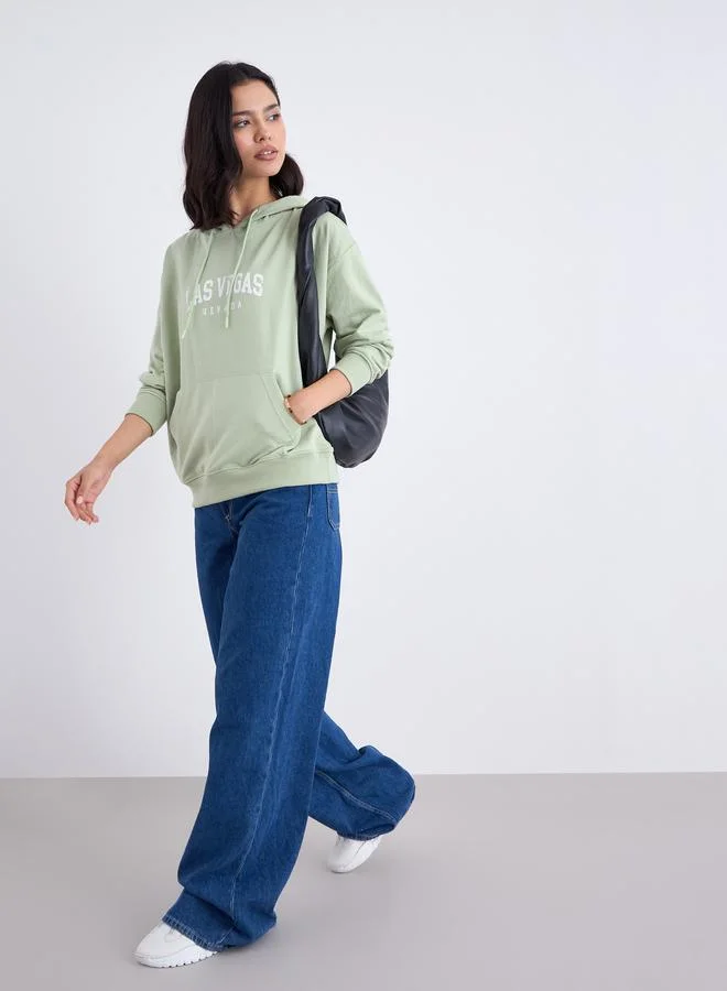 Styli Green Slogan Print Regular Fit Hoodie