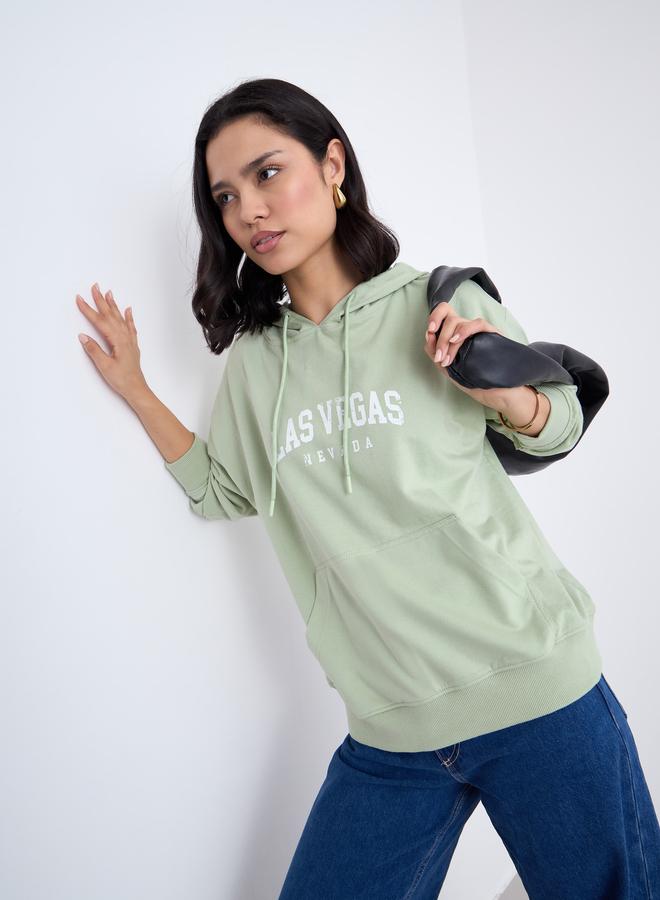 Styli Green Slogan Print Regular Fit Hoodie - Image 1