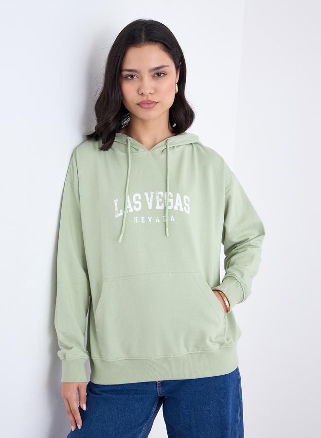 Styli Green Slogan Print Regular Fit Hoodie - Image 1