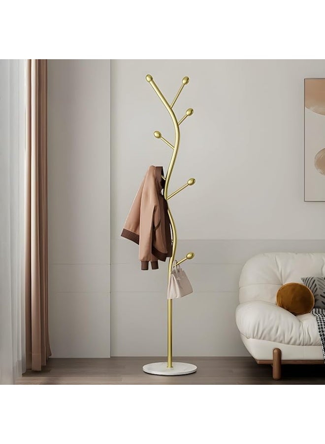 Freestanding Garment Rack Coat Tree Stand With Marble Base Metal Clothes Hanger Organizer 9 Hooks For Jackets Hats Scarves Bags Entryway Bedroom Office Storage Space Saving Furniture Home (Gold) - Image 1