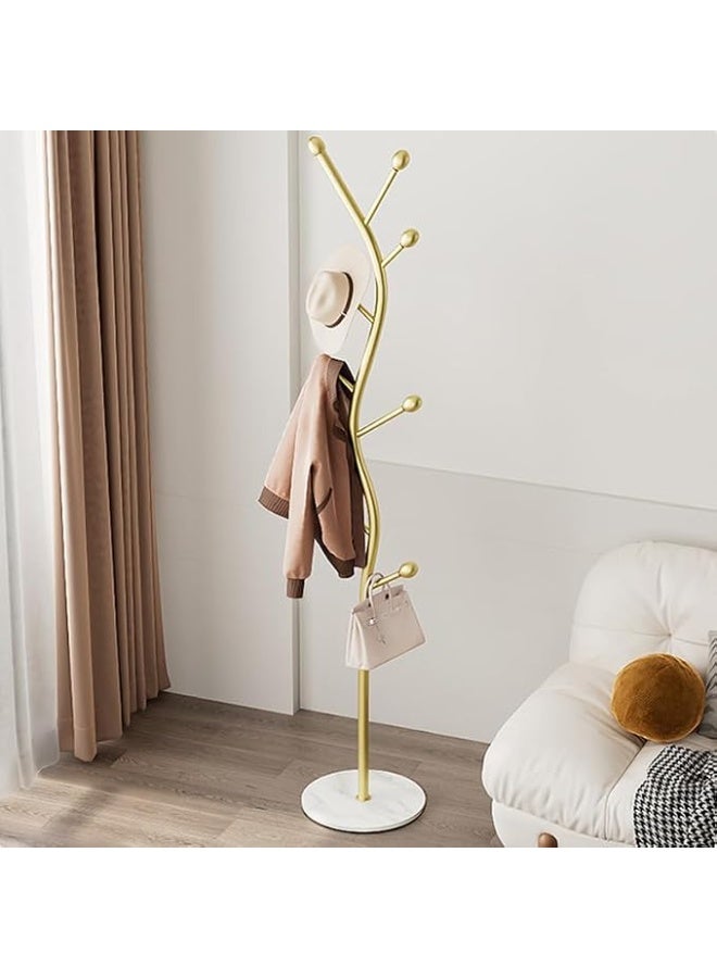 Freestanding Garment Rack Coat Tree Stand With Marble Base Metal Clothes Hanger Organizer 9 Hooks For Jackets Hats Scarves Bags Entryway Bedroom Office Storage Space Saving Furniture Home (Gold) - Image 2