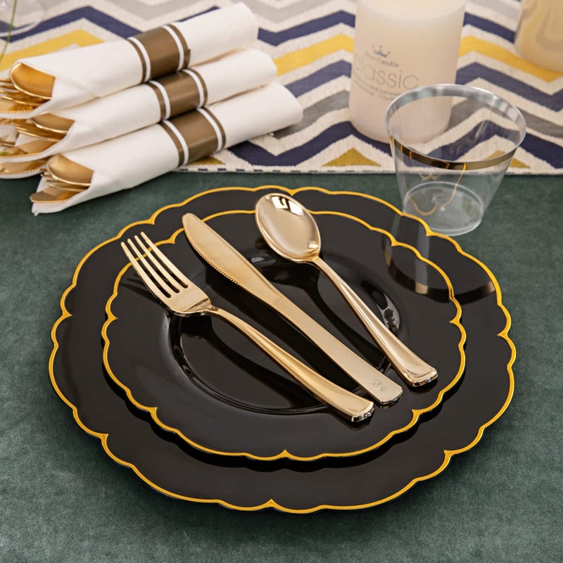 Morejoy 175PCS Black Gold Plastic Plates  Black Plates with Rolled Napkins: 50 Plates  25 Spoons  25 Forks  25 Knives  25 Cups for Wedding & Party & Birthday & New Year - Image 3