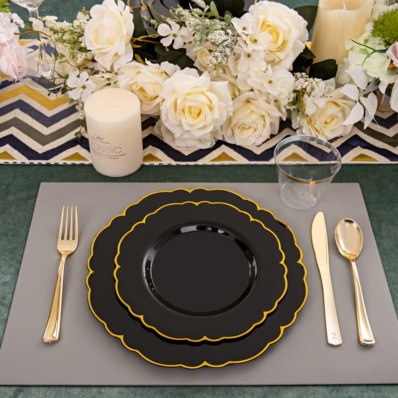 Morejoy 175PCS Black Gold Plastic Plates  Black Plates with Rolled Napkins: 50 Plates  25 Spoons  25 Forks  25 Knives  25 Cups for Wedding & Party & Birthday & New Year - Image 4