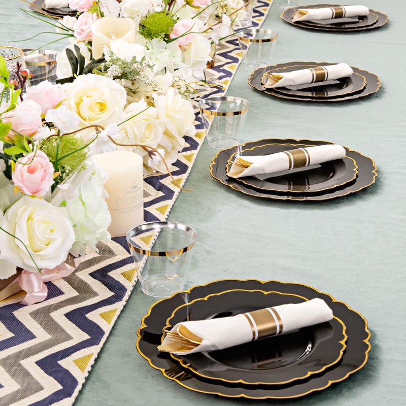 Morejoy 175PCS Black Gold Plastic Plates  Black Plates with Rolled Napkins: 50 Plates  25 Spoons  25 Forks  25 Knives  25 Cups for Wedding & Party & Birthday & New Year - Image 5