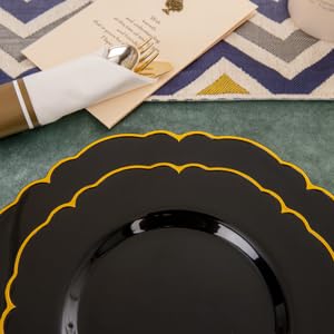 Morejoy 175PCS Black Gold Plastic Plates  Black Plates with Rolled Napkins: 50 Plates  25 Spoons  25 Forks  25 Knives  25 Cups for Wedding & Party & Birthday & New Year - Image 2