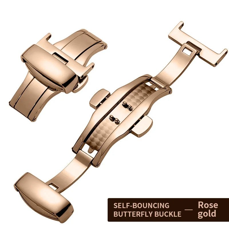 Bluejw Butterfly Buckle Watch Band with Double Push Button Fold Clasp for Easy Strap Replacement – 12mm 14mm 16mm 18mm 20mm Width Options in Rose Gold & Silver - Image 1