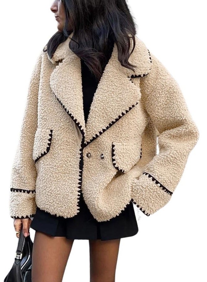 chouyatou Women's Winter Casual Embroidered Sherpa Jacket Notch Lapel Fuzzy Faux Fur Fleece Jacket Coat (X-Small, Apricot) - Image 1