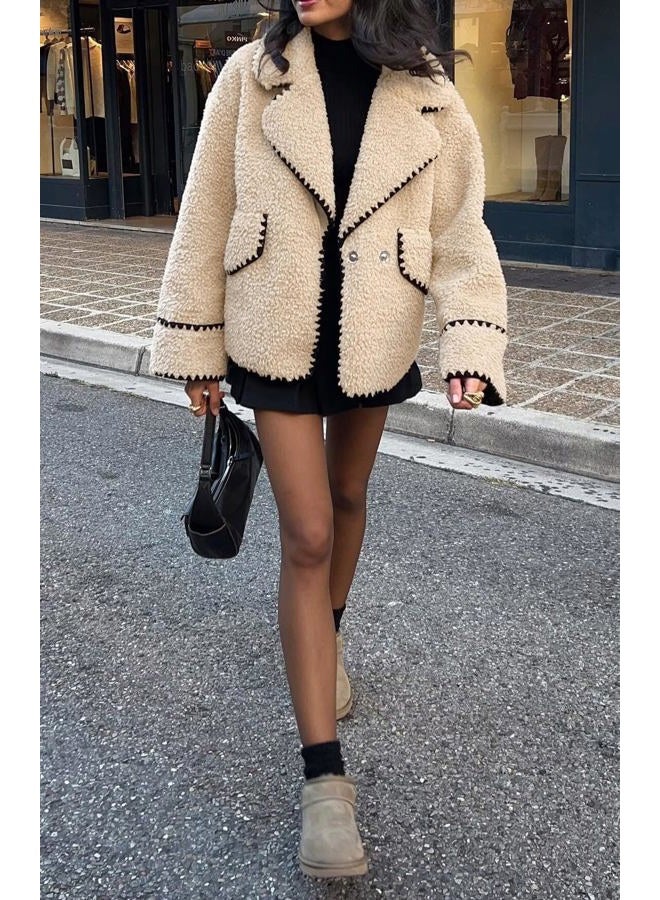 chouyatou Women's Winter Casual Embroidered Sherpa Jacket Notch Lapel Fuzzy Faux Fur Fleece Jacket Coat (X-Small, Apricot) - Image 2