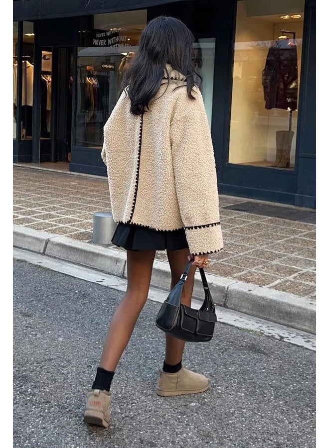 chouyatou Women's Winter Casual Embroidered Sherpa Jacket Notch Lapel Fuzzy Faux Fur Fleece Jacket Coat (X-Small, Apricot) - Image 3