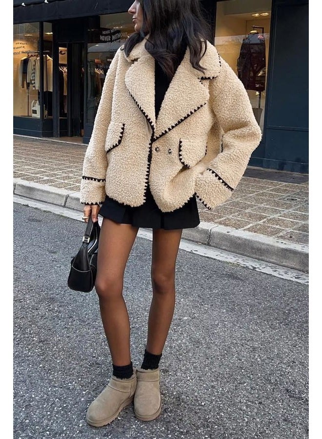 chouyatou Women's Winter Casual Embroidered Sherpa Jacket Notch Lapel Fuzzy Faux Fur Fleece Jacket Coat (X-Small, Apricot) - Image 4