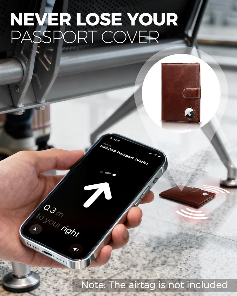 LORZOR Passport Holder for Travel: Full Grain Leather Passport Cover with Airtag Holder Magnetic Buckle for Men - RFID Blocking Bifold Wallet for Air Ticket Card Cash Coin (Brown) - Image 3