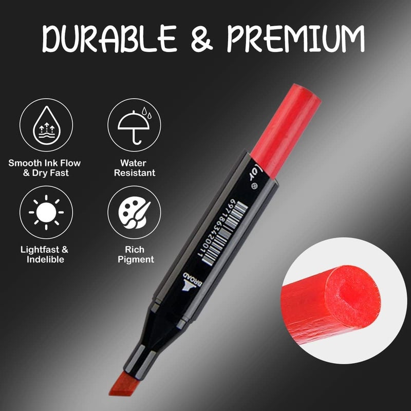 Like-It Markers فنية مزدوجة الطرف 100 لون مع حقيبة حمل للرسم والتخطيط والخط والرسم خالية من الرائحة وغير سامة أقلام تلوين دائمة برأس مزدوج للأطفال والمبتدئين|متنوعة - Image 2