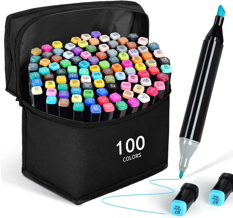 Like-It Markers فنية مزدوجة الطرف 100 لون مع حقيبة حمل للرسم والتخطيط والخط والرسم خالية من الرائحة وغير سامة أقلام تلوين دائمة برأس مزدوج للأطفال والمبتدئين|متنوعة - Image 1