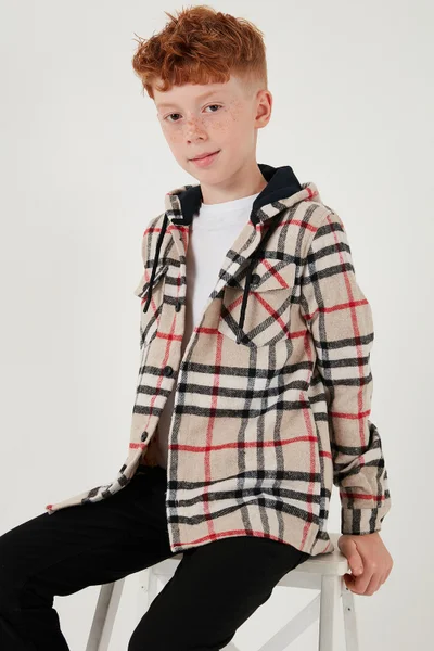 Lela Hooded Double Pocket Plaid Lumberjack Shirt Boy's Shirt Cf25w81786