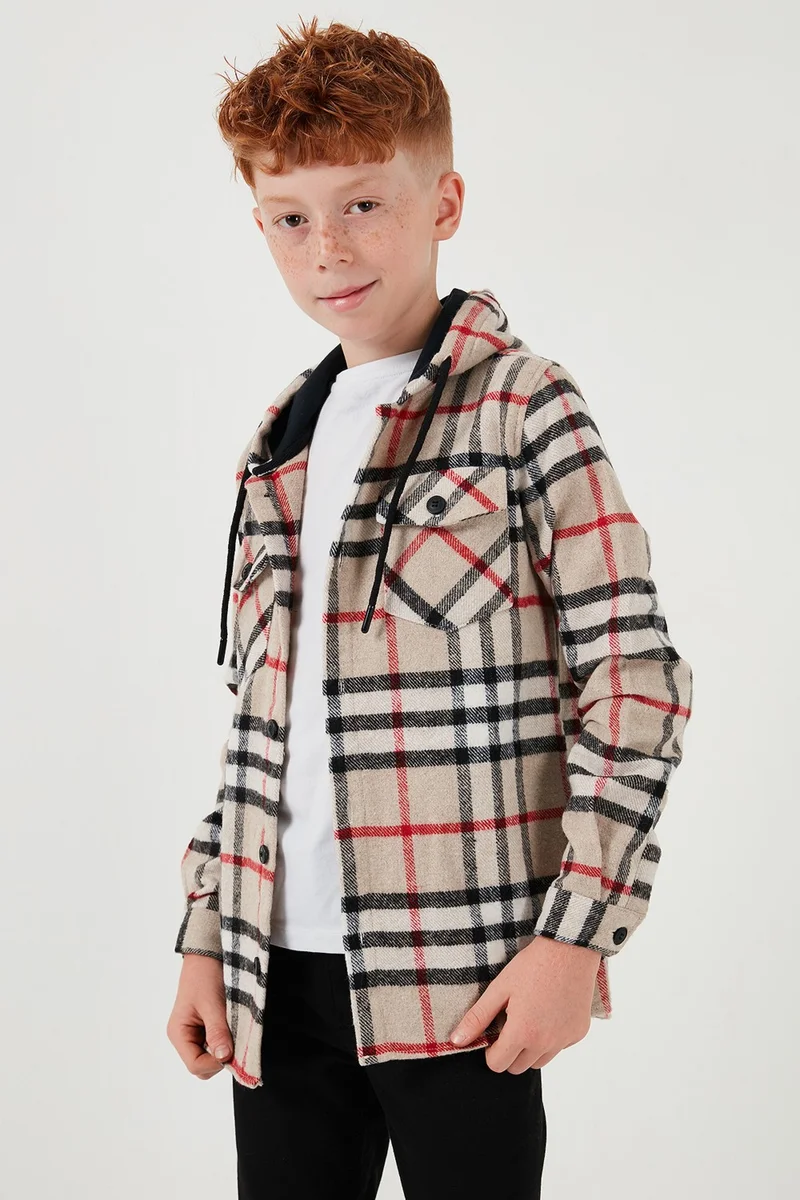 Lela Hooded Double Pocket Plaid Lumberjack Shirt Boy's Shirt Cf25w81786