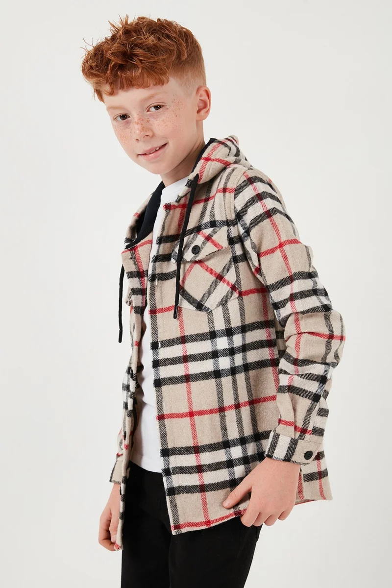 Lela Hooded Double Pocket Plaid Lumberjack Shirt Boy's Shirt Cf25w81786
