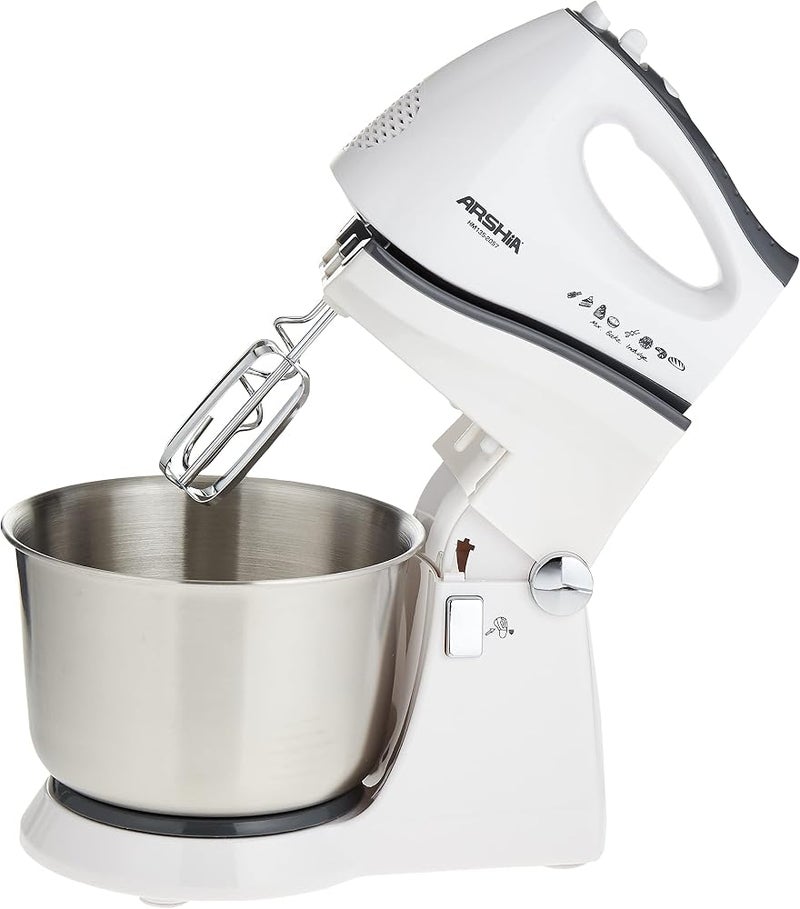 Arshia HM135-2057 Hand Mixer With Bowl, White, Stainless Steel, 300 W, 5 Speeds, 2L/1Kg, Stand & Hand, Accessories, 18 Months Warranty - Image 3