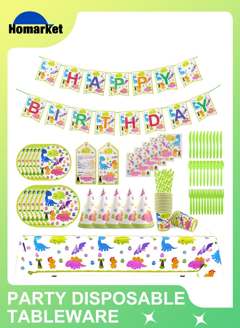 HomarKet 154 PCS Dinosaur Party Supplies - Dino Theme Birthday Party Decoration for Boys Birthday Banner Balloons Disposable Plates Cups Napkins Cutlery Bag Table Cover Tableware Utensils Serves 16 Guests  - Image 1