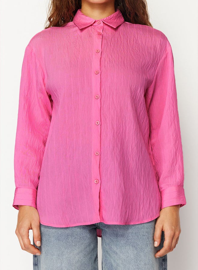 Pink Striped Oversize Wide Fit Textured Woven Shirt TWOSS24GO00051