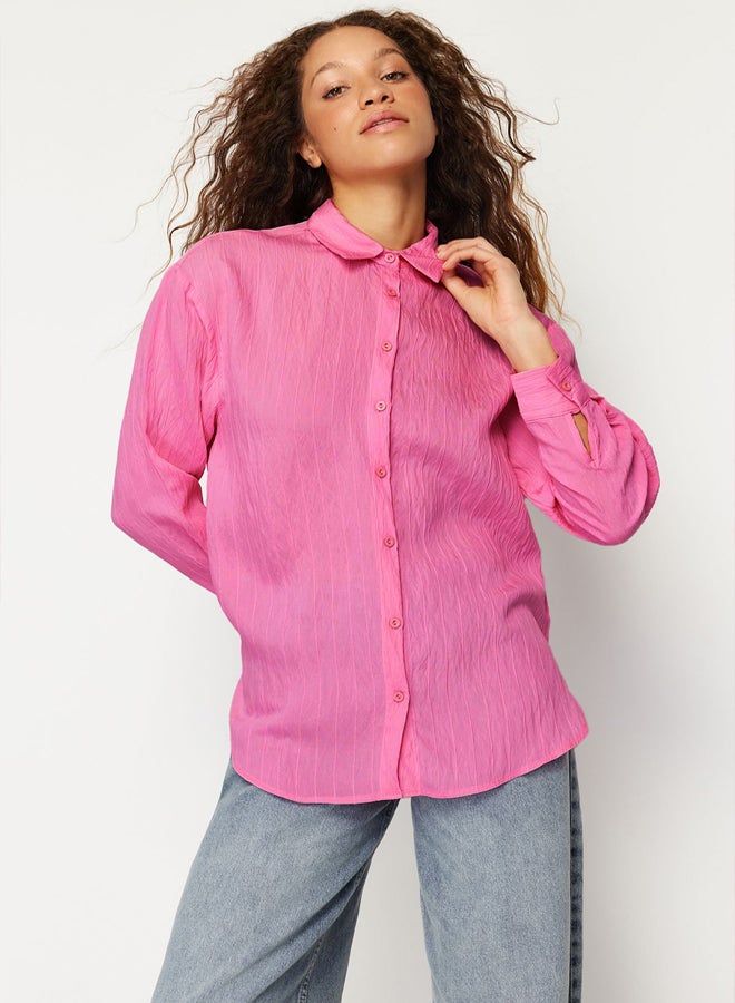 Pink Striped Oversize Wide Fit Textured Woven Shirt TWOSS24GO00051