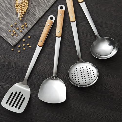pepplo Spatula & Skimmer Tool Set, 304 Stainless Steel with Heat Resistant Wooden Handle Wok Utensils for Daily Use, 14 inch (Set of 2PCS) - Image 4