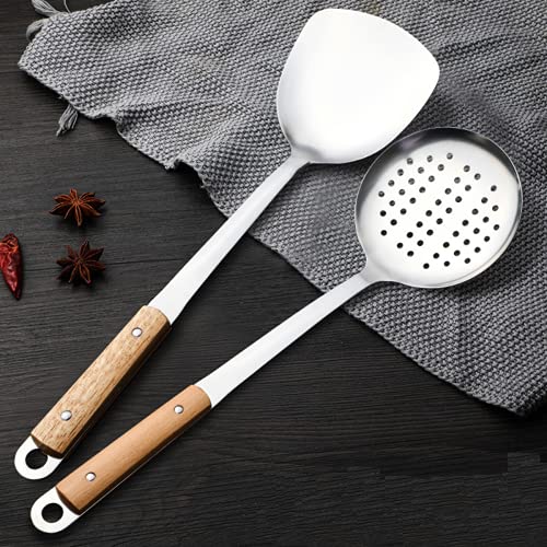 pepplo Spatula & Skimmer Tool Set, 304 Stainless Steel with Heat Resistant Wooden Handle Wok Utensils for Daily Use, 14 inch (Set of 2PCS) - Image 1