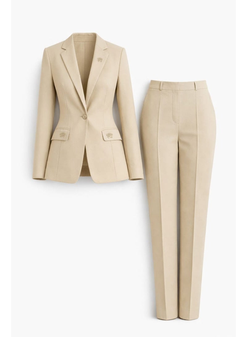 Lavandera Women's Linen Suit, Blazer and Trouser Set, Shrink-Resistant, Gold-Tone Buttons, Business Formal Style, Beige - Image 1