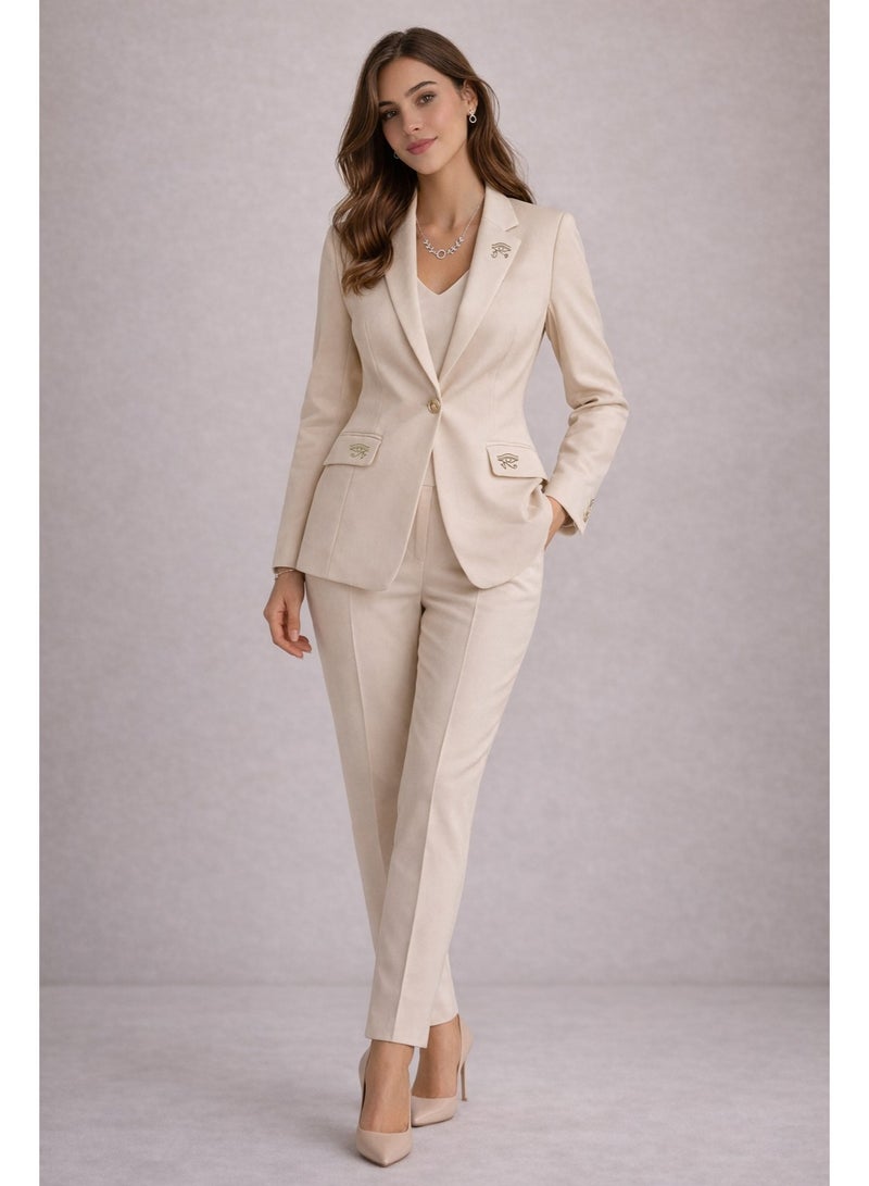 Lavandera Women's Linen Suit, Blazer and Trouser Set, Shrink-Resistant, Gold-Tone Buttons, Business Formal Style, Beige - Image 3
