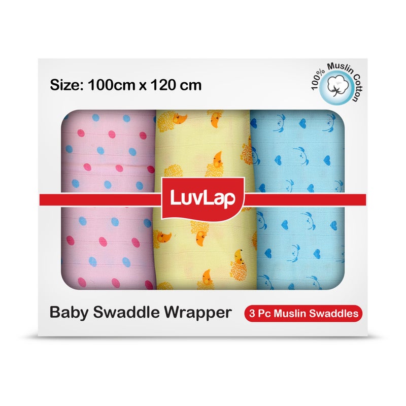 LuvLap 100% Cotton Muslin Baby Swaddle Set, Baby Towel, Size-120cm x 100cm (47"x39"), Dots Hearts Print, 0-18 Month+, Printed Mulmal Muslin Swaddle Wrap for New Born, Pack of 3 - Image 1