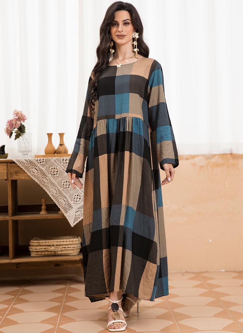 فرايديين كاجول دائري طباعة منقوش مكرمش الربط كم منتظم فساتين طويلة ملون - Image 1