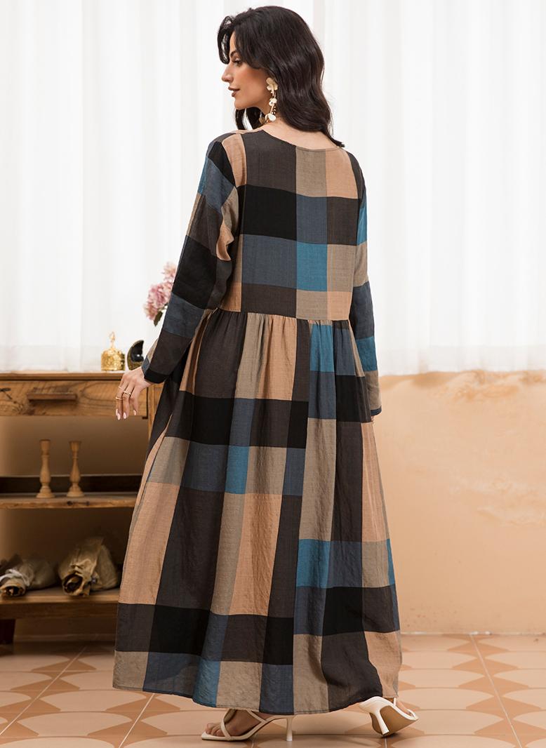 فرايديين كاجول دائري طباعة منقوش مكرمش الربط كم منتظم فساتين طويلة ملون - Image 2