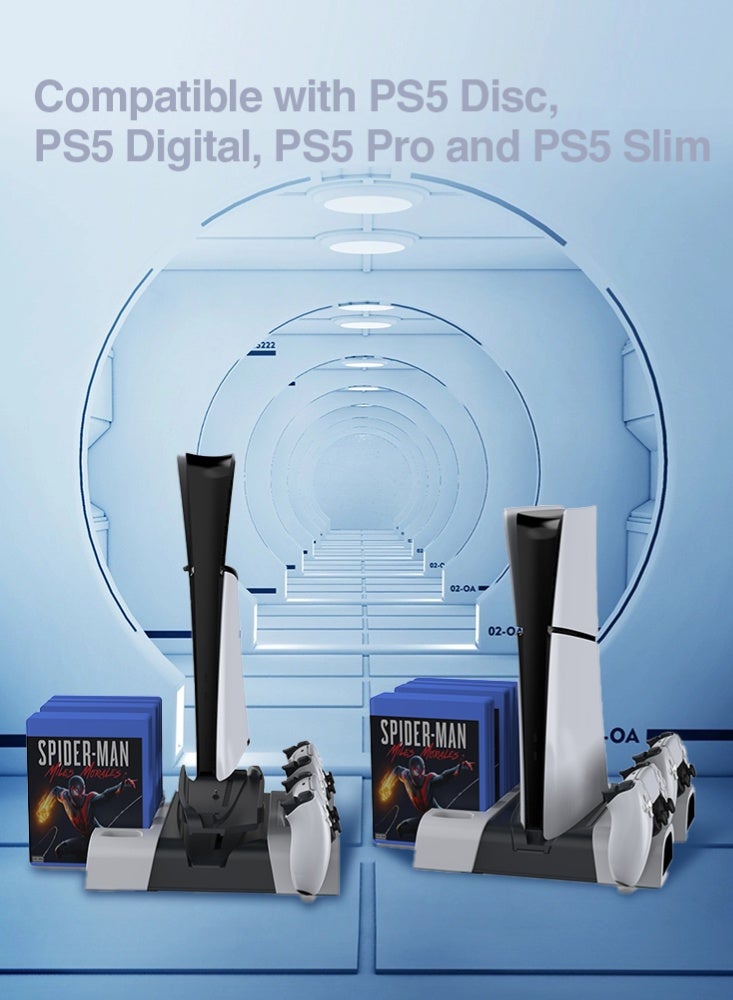 دوبي حامل عمودي لجهاز PS5 مع مروحة تبريد (3 سرعات) وشاحن مزدوج لوحدات التحكم | منظم ألعاب (10 أقراص) | يناسب PS5 قرص/رقمي/سليم/محترف - Image 4