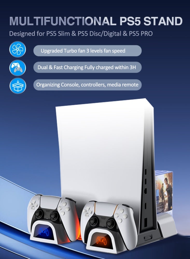 دوبي حامل عمودي لجهاز PS5 مع مروحة تبريد (3 سرعات) وشاحن مزدوج لوحدات التحكم | منظم ألعاب (10 أقراص) | يناسب PS5 قرص/رقمي/سليم/محترف - Image 2