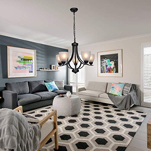 VINLUZ 5 Light Shaded Contemporary Chandeliers with Alabaster Glass Black Rustic Light Fixtures Ceiling Hanging Mid Century Modern Pendant Lighting for Dining Room Foyer Bedroom Living Room - Image 5