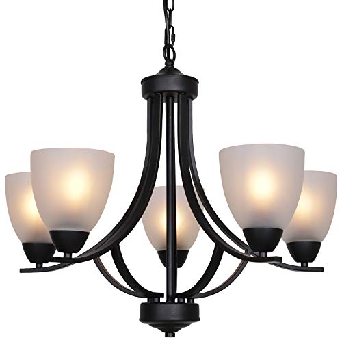 VINLUZ 5 Light Shaded Contemporary Chandeliers with Alabaster Glass Black Rustic Light Fixtures Ceiling Hanging Mid Century Modern Pendant Lighting for Dining Room Foyer Bedroom Living Room - Image 1