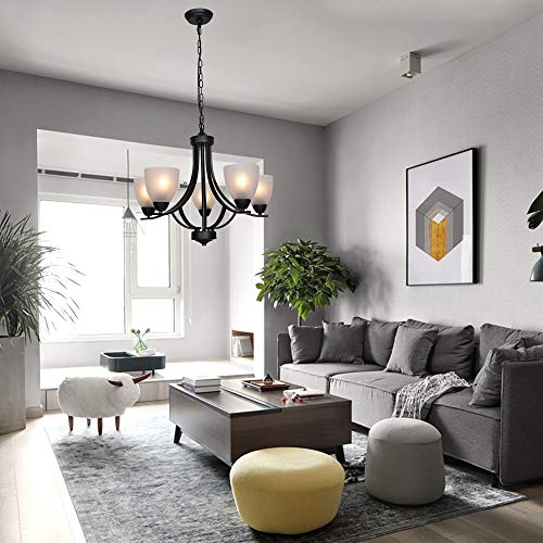 VINLUZ 5 Light Shaded Contemporary Chandeliers with Alabaster Glass Black Rustic Light Fixtures Ceiling Hanging Mid Century Modern Pendant Lighting for Dining Room Foyer Bedroom Living Room - Image 3