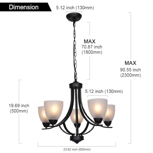 VINLUZ 5 Light Shaded Contemporary Chandeliers with Alabaster Glass Black Rustic Light Fixtures Ceiling Hanging Mid Century Modern Pendant Lighting for Dining Room Foyer Bedroom Living Room - Image 2