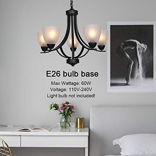 VINLUZ 5 Light Shaded Contemporary Chandeliers with Alabaster Glass Black Rustic Light Fixtures Ceiling Hanging Mid Century Modern Pendant Lighting for Dining Room Foyer Bedroom Living Room - Image 4