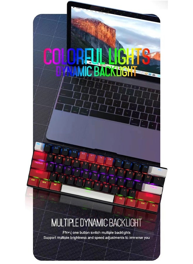 لوحة مفاتيح ألعاب RGB مكونة من 61 مفتاحًا مقاومة للماء سلكية صغيرة بنسبة 60% مع لوحة مفاتيح مضادة للظلال وأغطية مفاتيح ثلاثية الألوان مع مفتاح أحمر للاعبين (أسود وأحمر وأبيض)