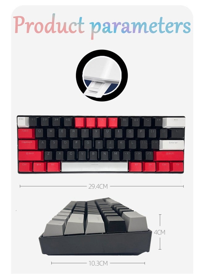 لوحة مفاتيح ألعاب RGB مكونة من 61 مفتاحًا مقاومة للماء سلكية صغيرة بنسبة 60% مع لوحة مفاتيح مضادة للظلال وأغطية مفاتيح ثلاثية الألوان مع مفتاح أحمر للاعبين (أسود وأحمر وأبيض)